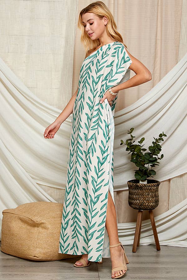 One Shoulder Leaf Print Maxi Dress. LF-5146IMD