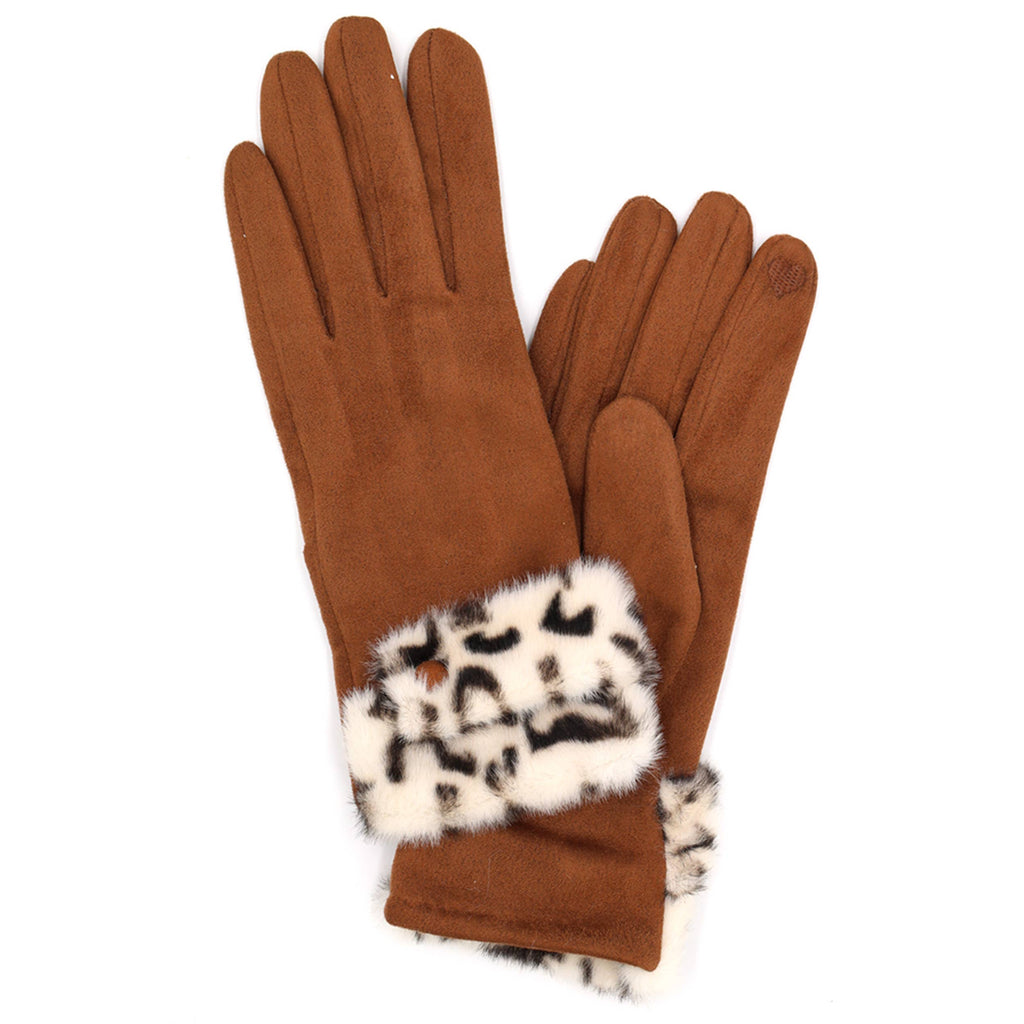 Leopard Faux Fur Cuff Smart Touch Winter Gloves