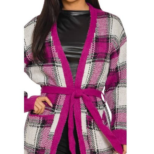 PLAID KNIT CARDIGAN BELTED