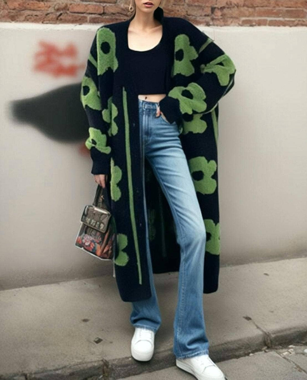 Flower jacquard long knit cardigan coat