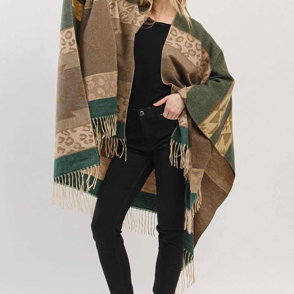 Aztec Leopard Pattern Fringe Ruana