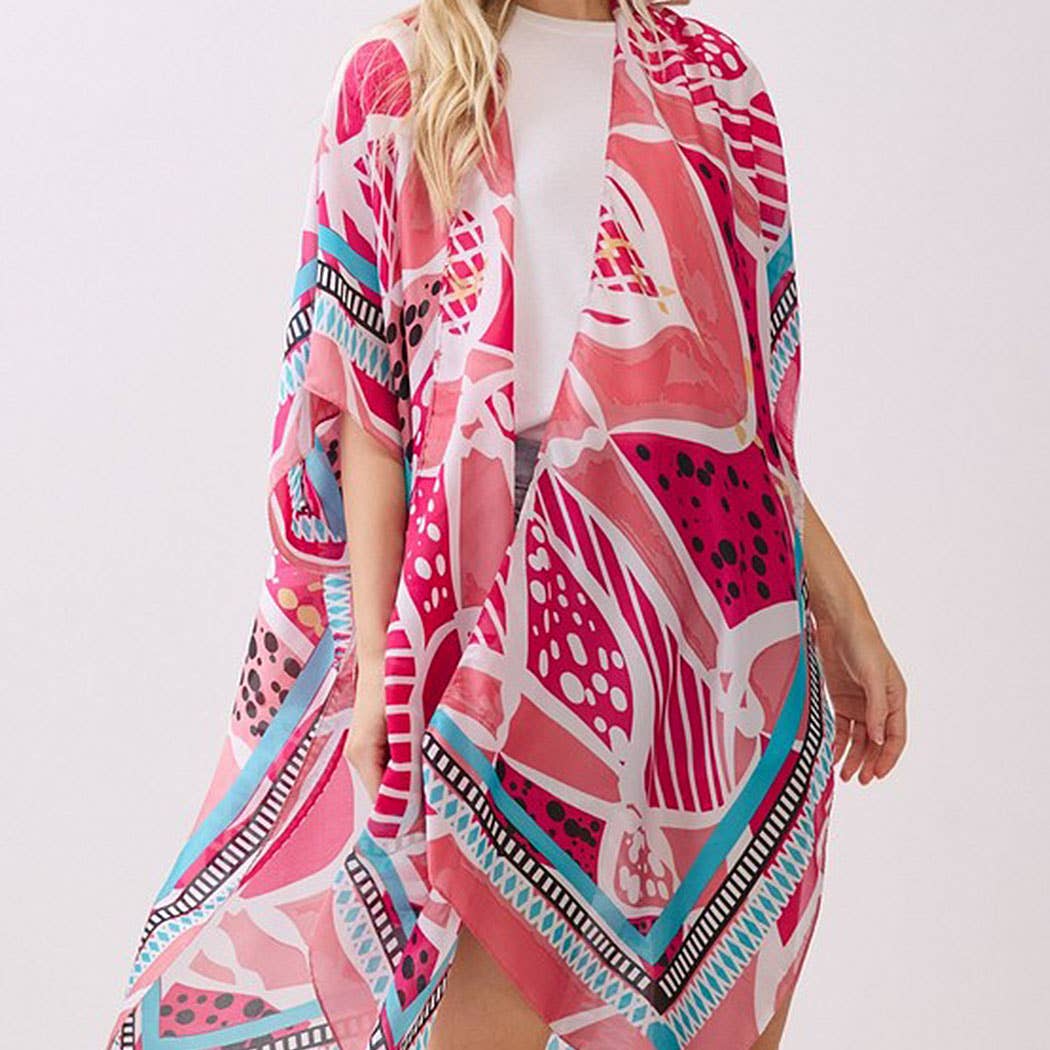 Abstract Botanical Print Silky Feel Kimono