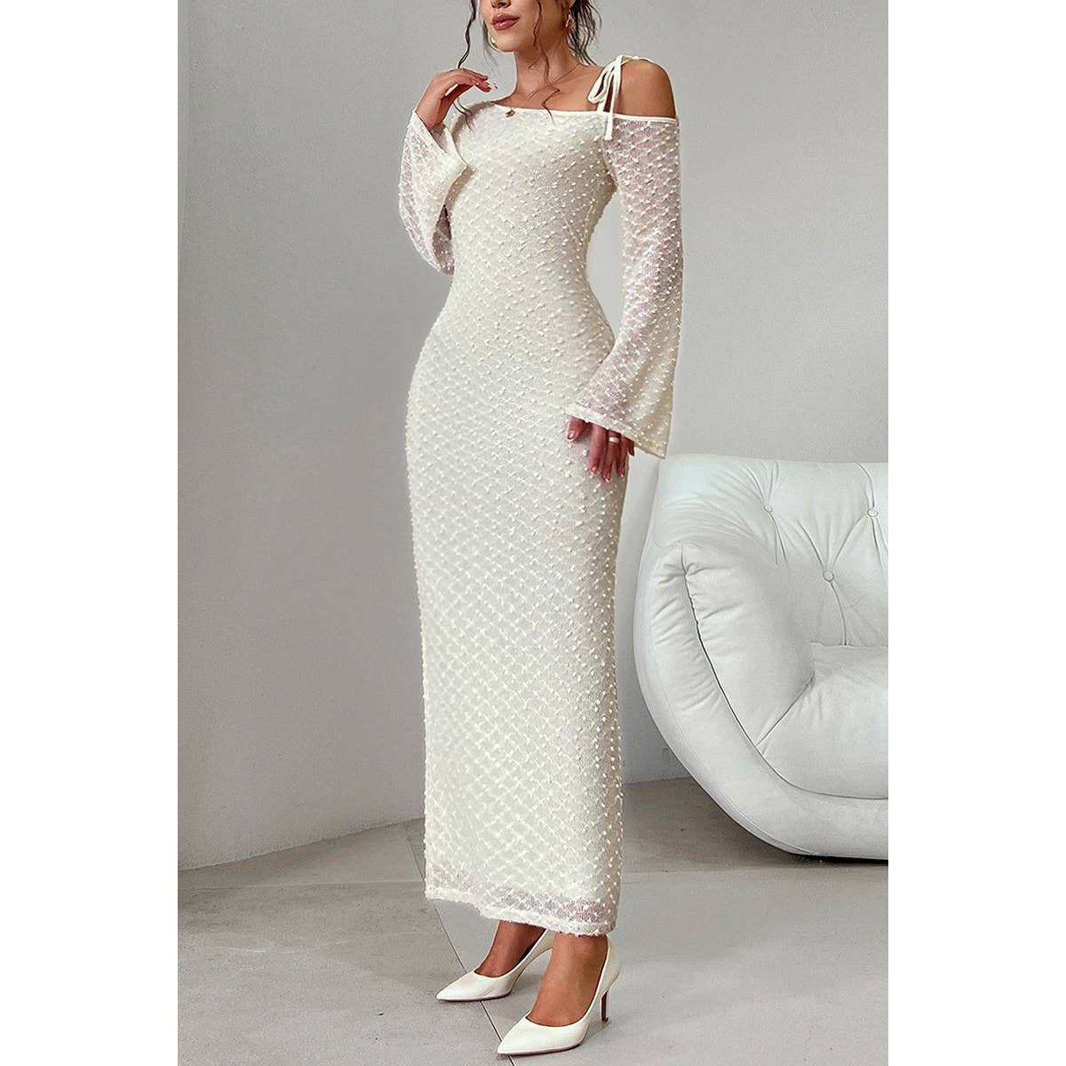 Solid Off Shoulder Bodycon Long Sleeve Dress