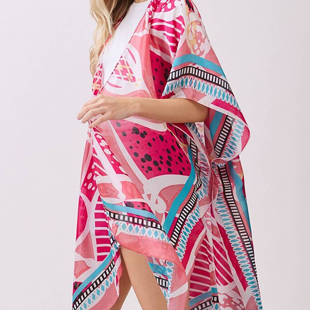 Abstract Botanical Print Silky Feel Kimono