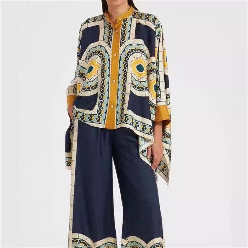 Printed Stand Collar Irregular Top And Pants Set
