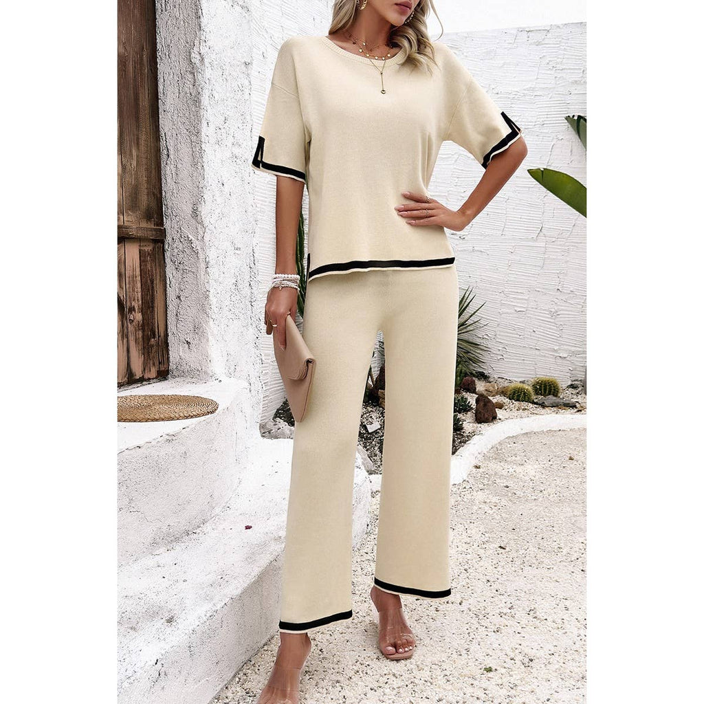 Two Pieces Outfits Knit Short Sleeve Wide Leg Lounge Sets