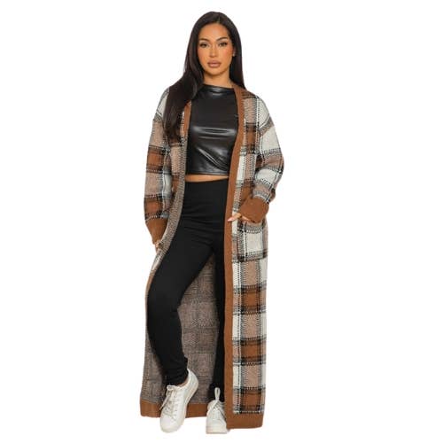 PLAID KNIT CARDIGAN BELTED