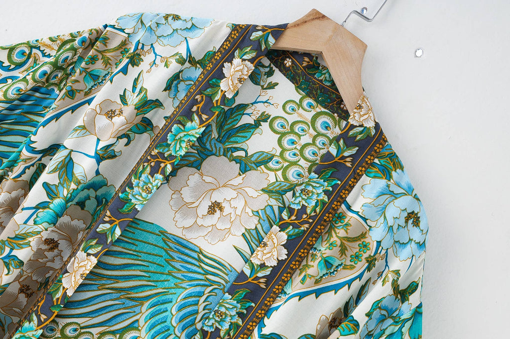 Peacock & Floral Print Belted Long Kimono Robe