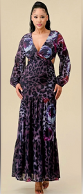 LONG SLEEVES V-NECK CUT OUT ANIMAL PRINT MAXI DRESS