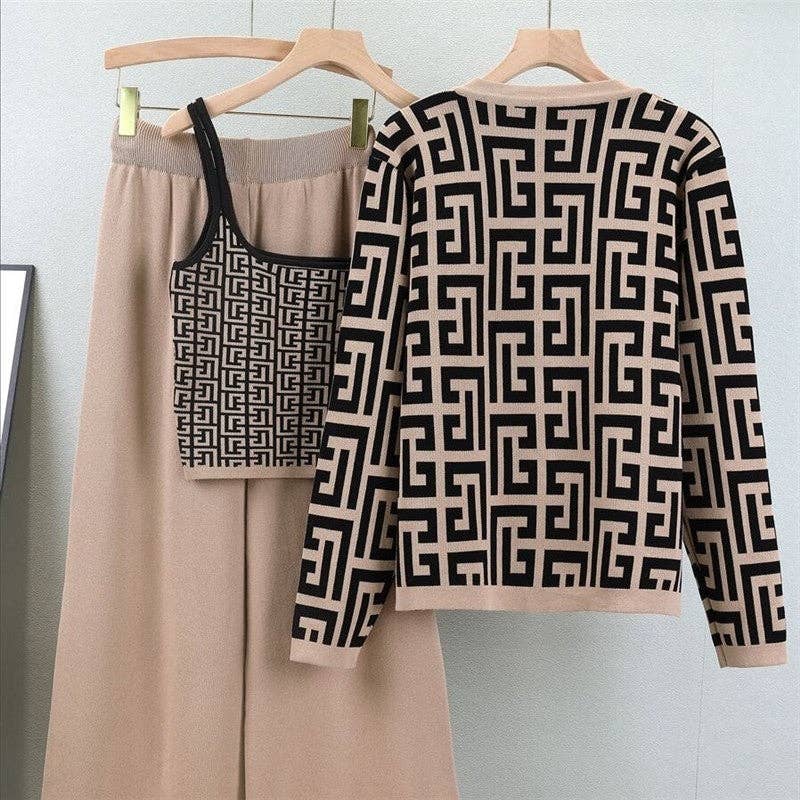 Color Block Knitted Cardigan And Wide Leg Pants Set