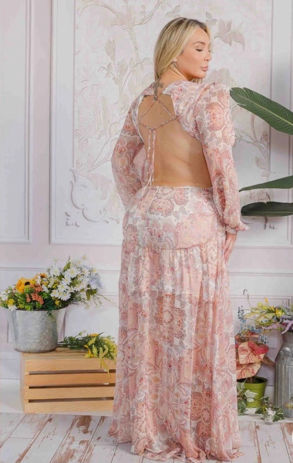 LONG SLEEVE V-NECK OPEN BACK MULTI PRINT MAXI DRESS