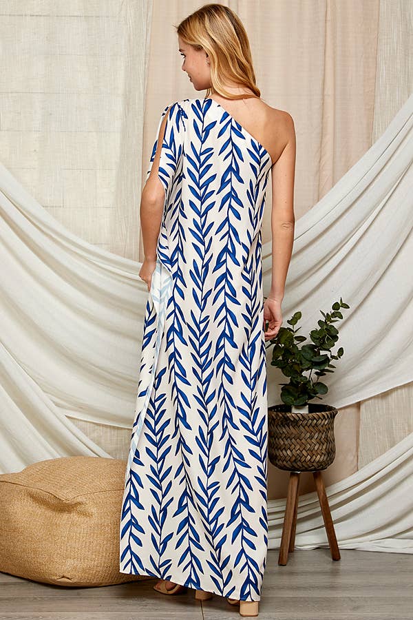 One Shoulder Leaf Print Maxi Dress. LF-5146IMD