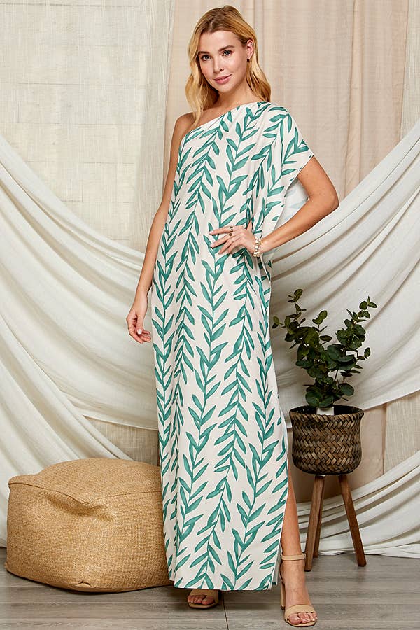 One Shoulder Leaf Print Maxi Dress. LF-5146IMD