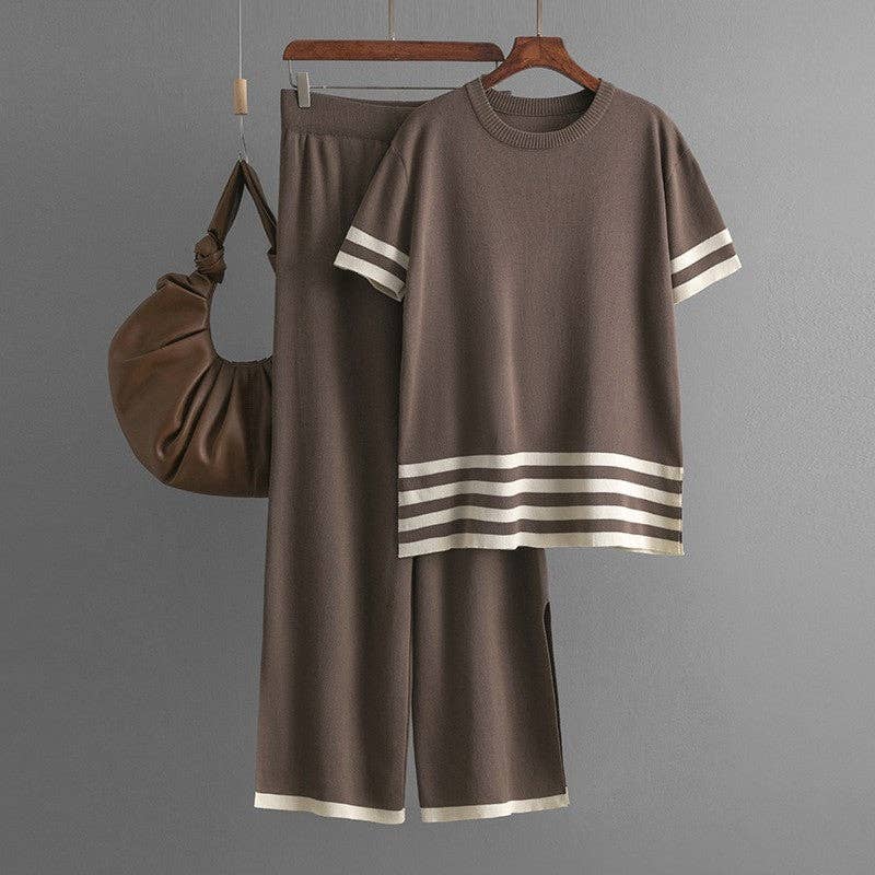Knitted Color Block Striped Split Hem Two Piece Set
