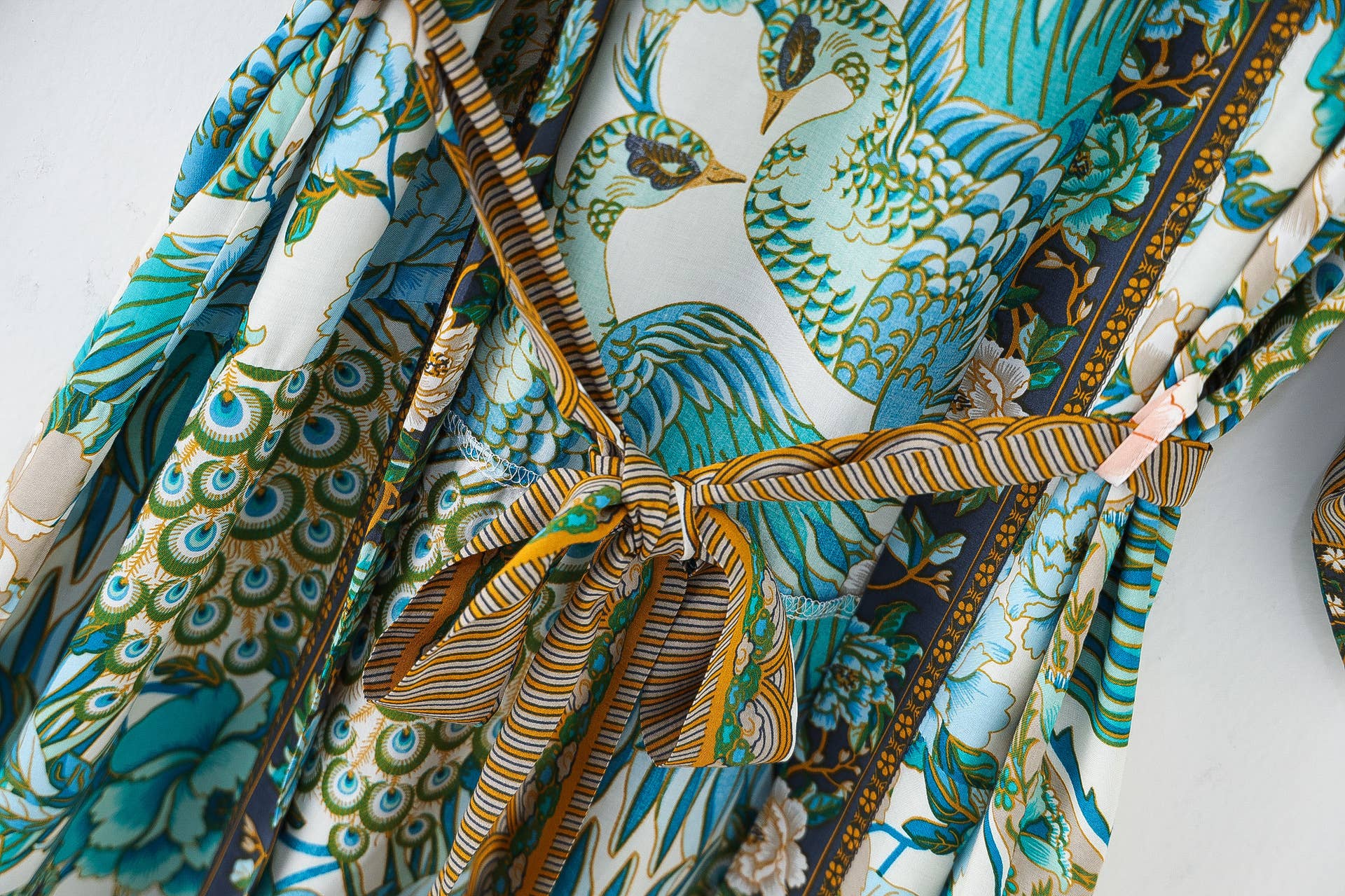 Peacock & Floral Print Belted Long Kimono Robe