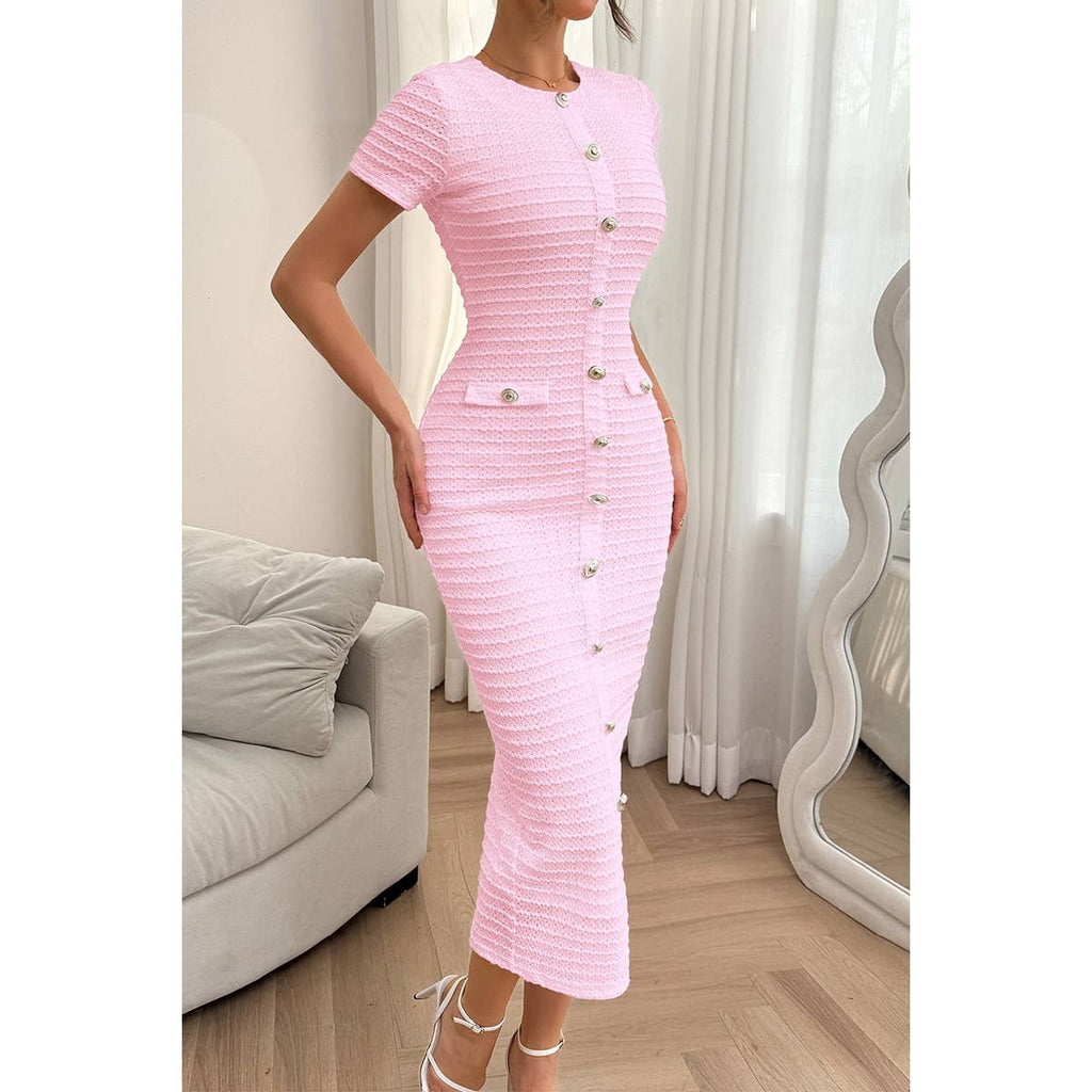 Solid Buckle Design Zipper Split Short Sleeve Dress