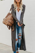Solid Button Down Front Pocket Knitted Long Cardigan
