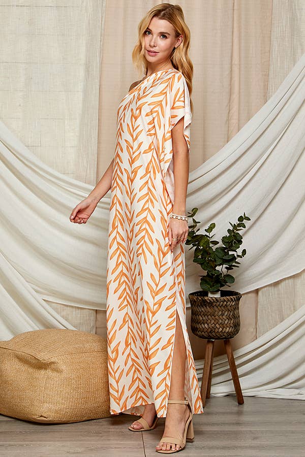 One Shoulder Leaf Print Maxi Dress. LF-5146IMD