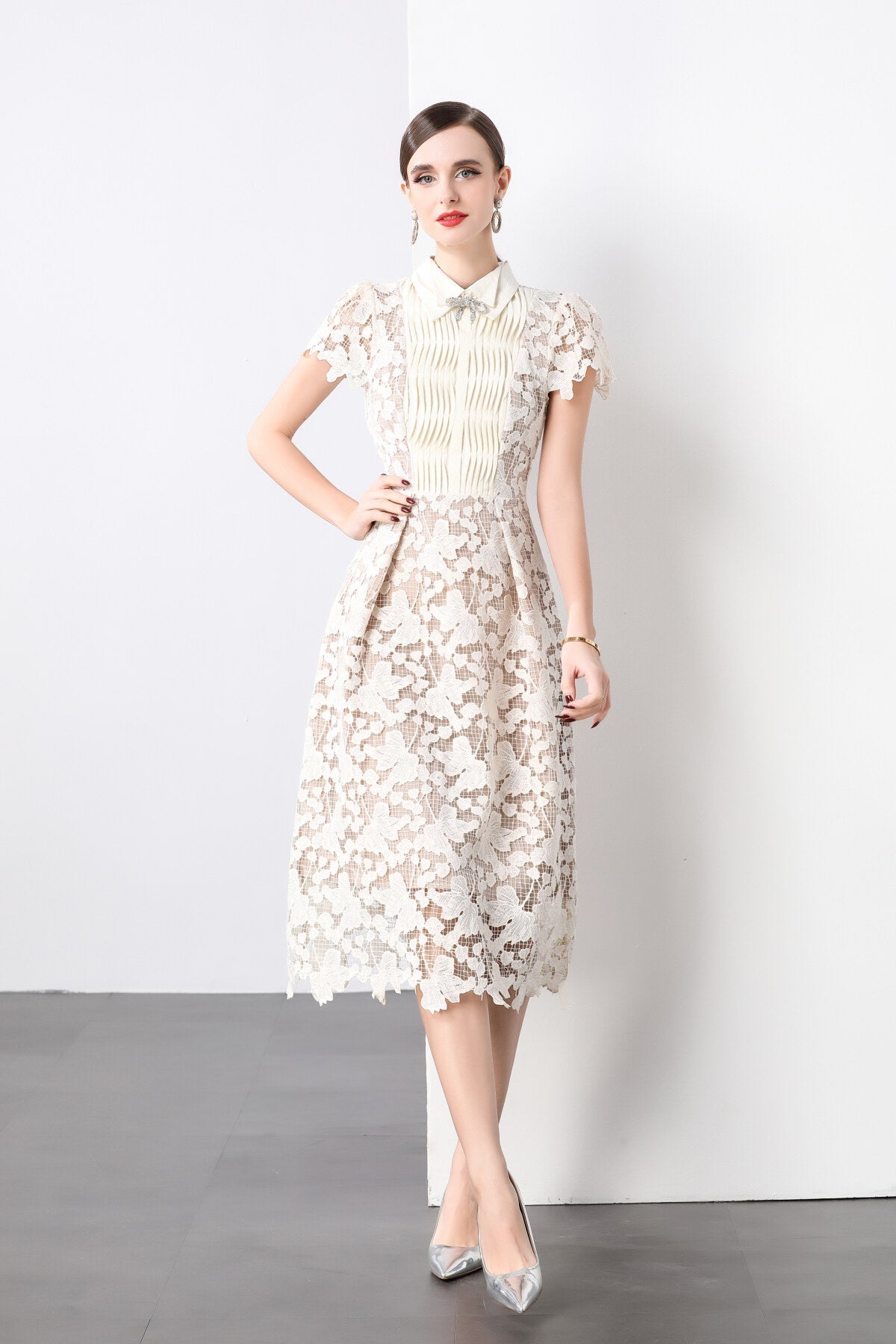 3D Floral Appliqué Bow Tie White Lace Midi Dress