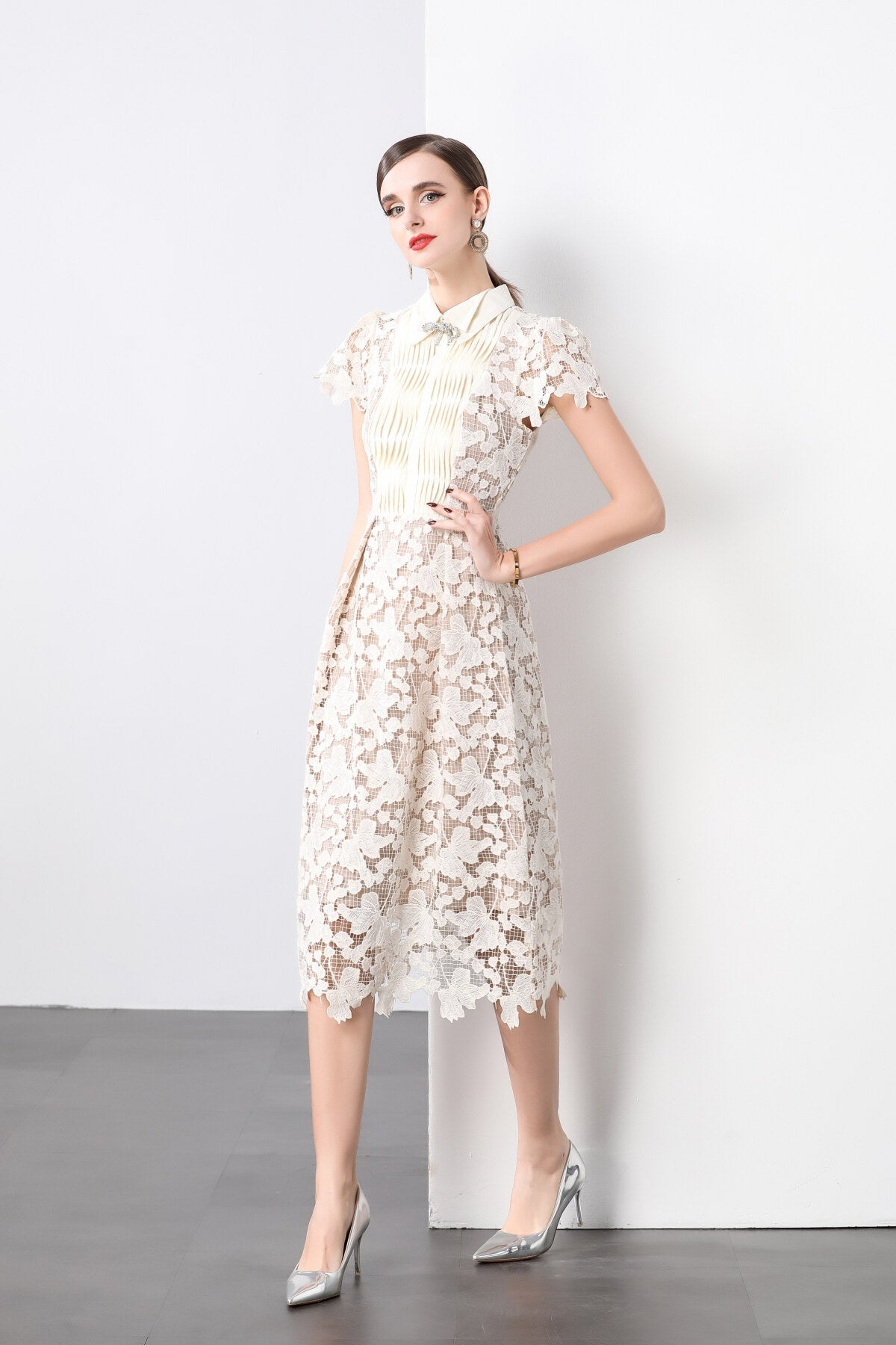 3D Floral Appliqué Bow Tie White Lace Midi Dress