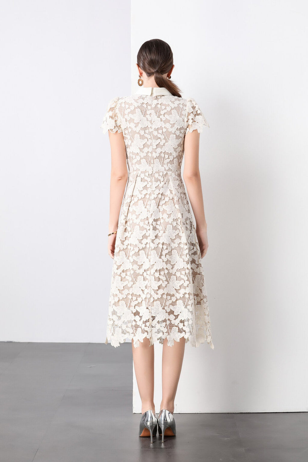 3D Floral Appliqué Bow Tie White Lace Midi Dress