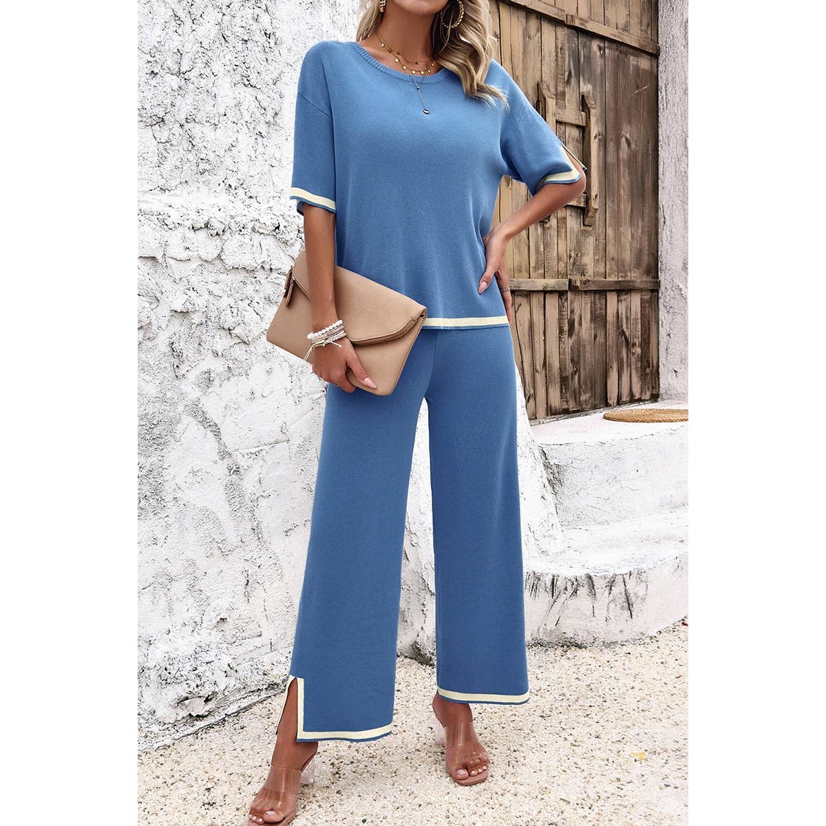 Two Pieces Outfits Knit Short Sleeve Wide Leg Lounge Sets