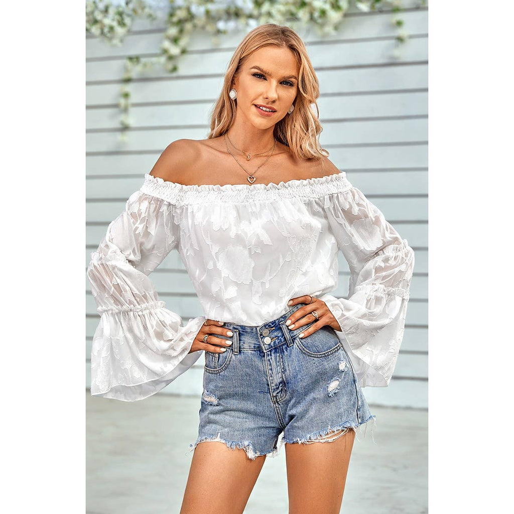 Solid Off Shoulder Flared Sleeve Flowy Blouse