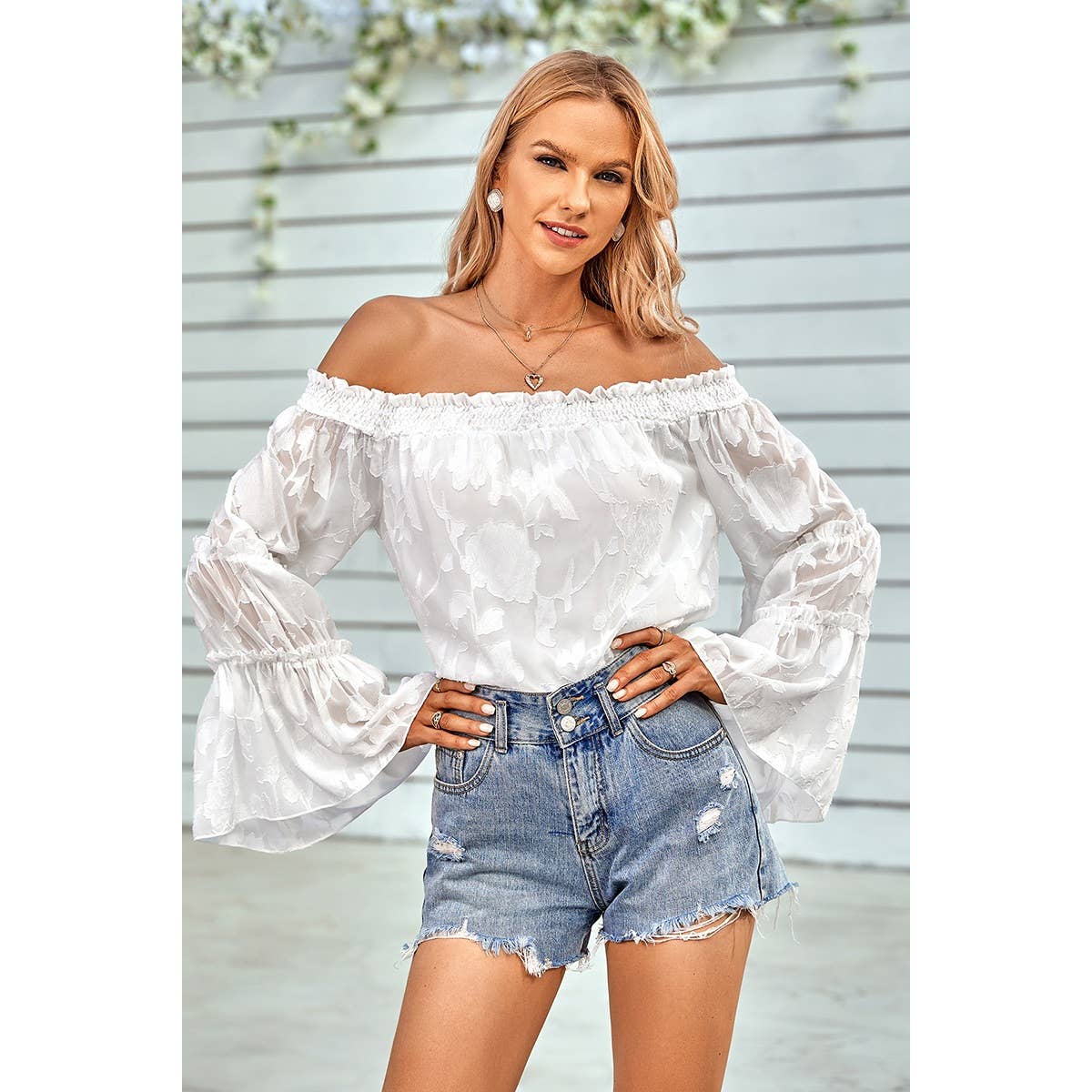 Solid Off Shoulder Flared Sleeve Flowy Blouse