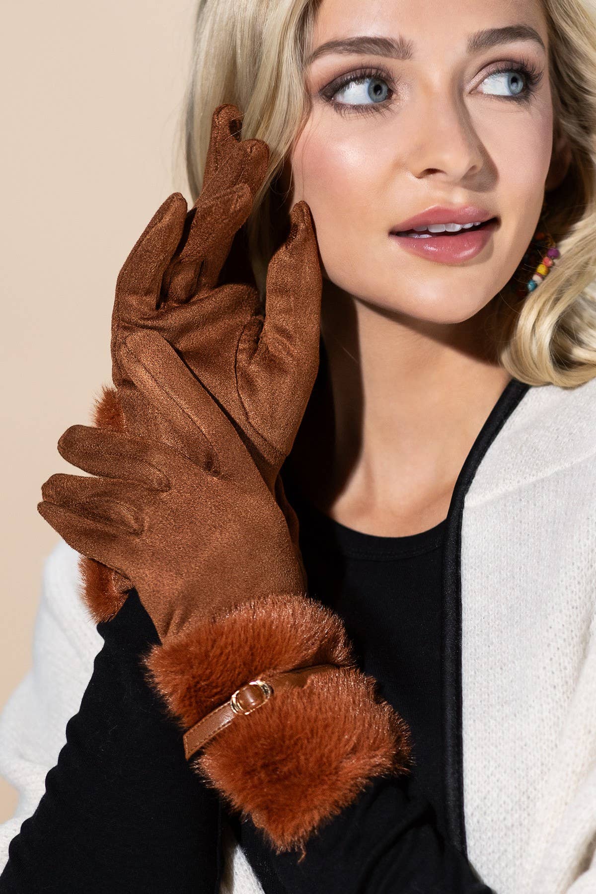 Faux Fur Smart Touch Gloves with Strap Cuff