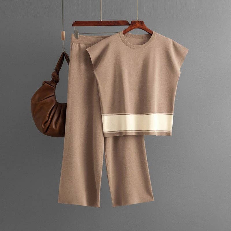 Knitted Colorblock Top Highwaist Wideleg Pants Set