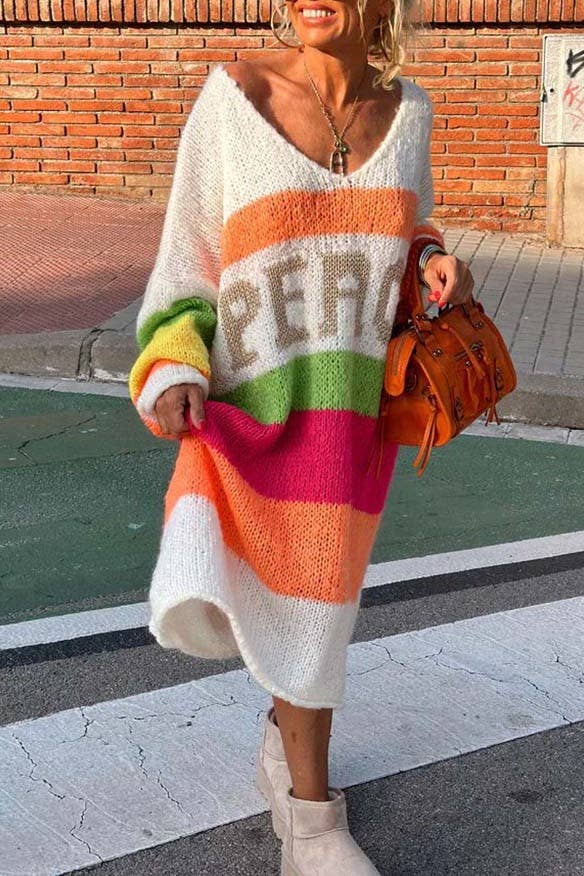 Peace Pattern Color Blocks Knit Midi Sweater Dress
