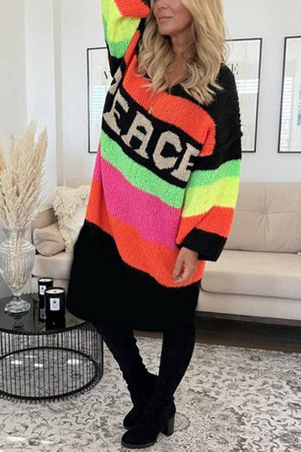 Peace Pattern Color Blocks Knit Midi Sweater Dress