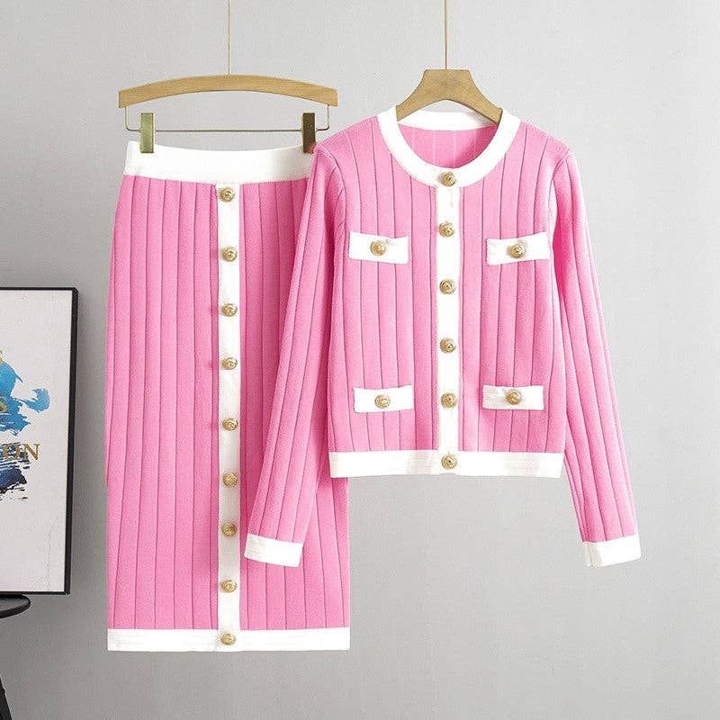 Color-Blocked Dress And Skirt Knitted Cardigan Set