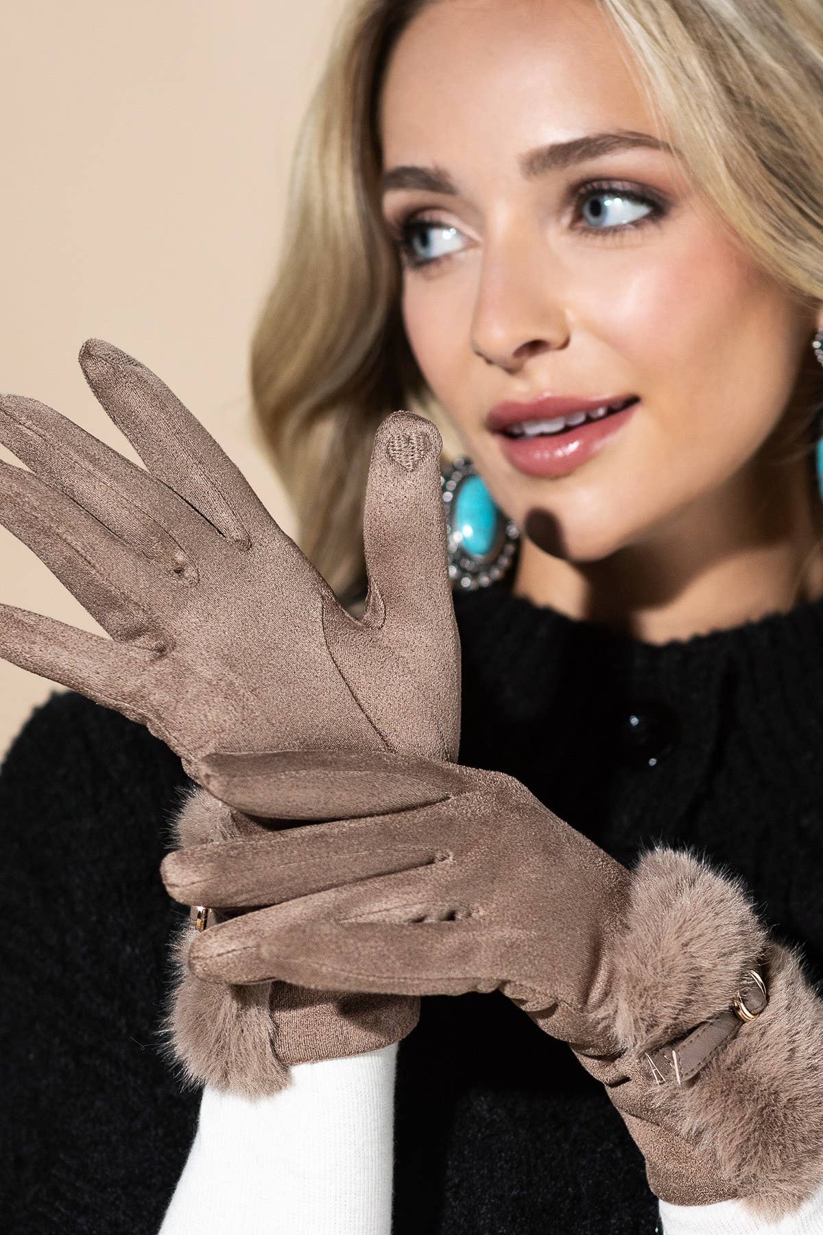 Faux Fur Smart Touch Gloves with Strap Cuff