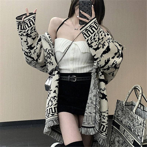 Color Block Retro Loose Embossed Tassel Knitted Cardigan