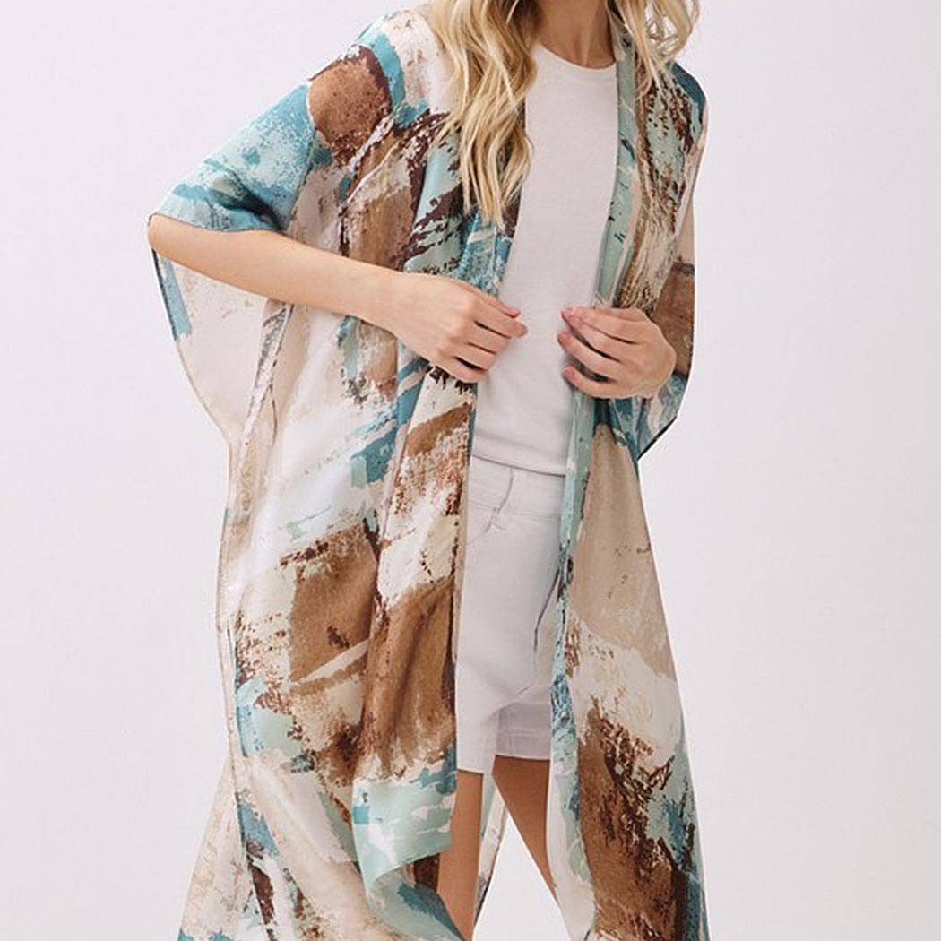 Abstract Modern Art-Inspired Print Silky Feel Kimono