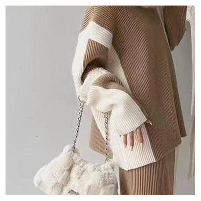 Fashionable Color-Blocking Sweater And Skirt Set