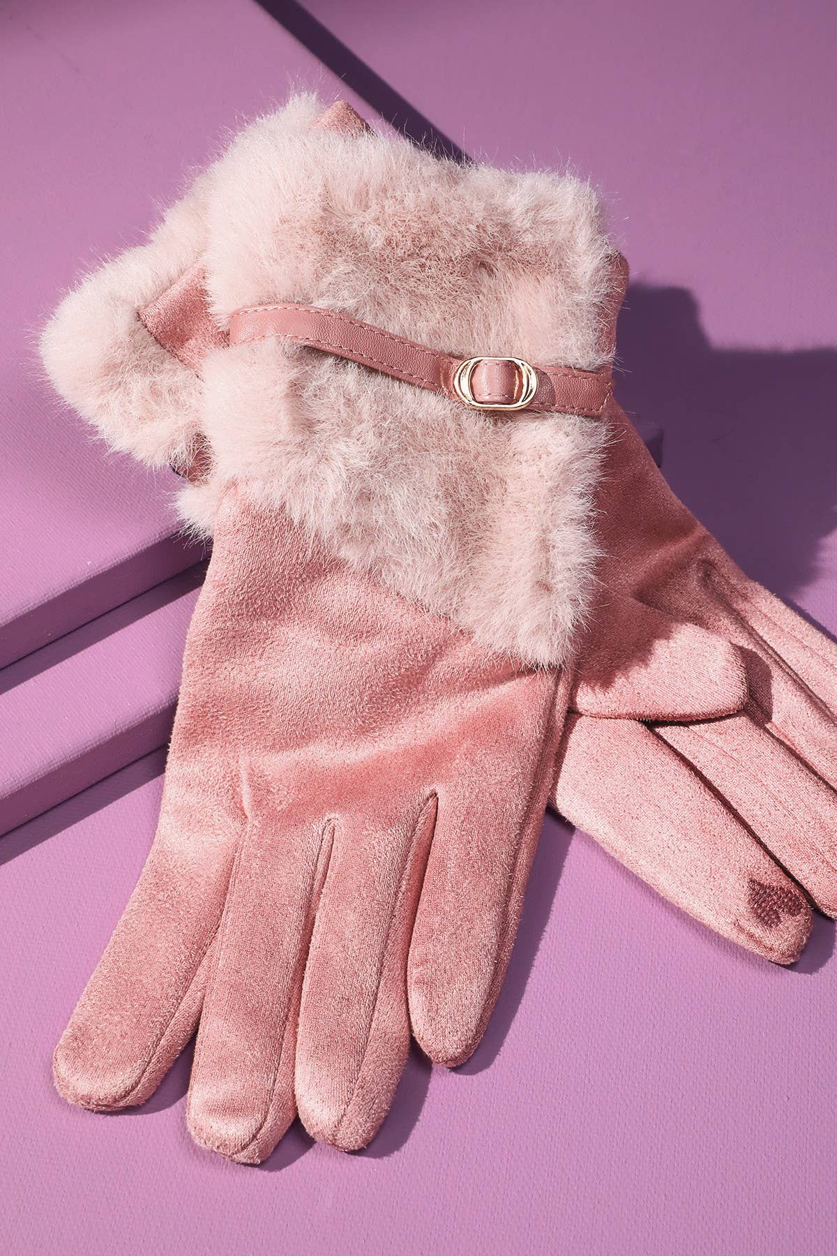 Faux Fur Smart Touch Gloves with Strap Cuff
