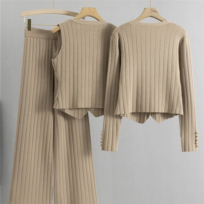 Knitted Vest And Wide Leg Pants Set In Solid Color