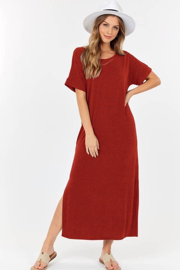 Short Sleeve Maxi Dress With Cross Strings-Brick