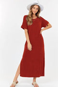 Short Sleeve Maxi Dress With Cross Strings-Brick