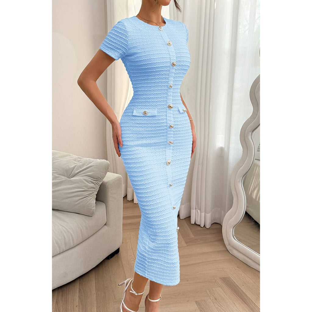 Solid Buckle Design Zipper Split Short Sleeve Dress