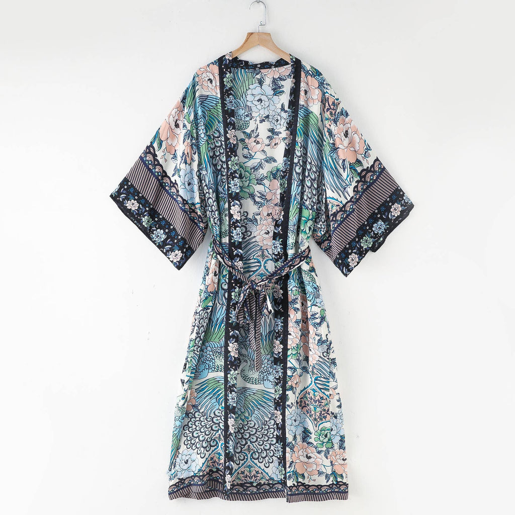 Peacock & Floral Print Belted Long Kimono Robe