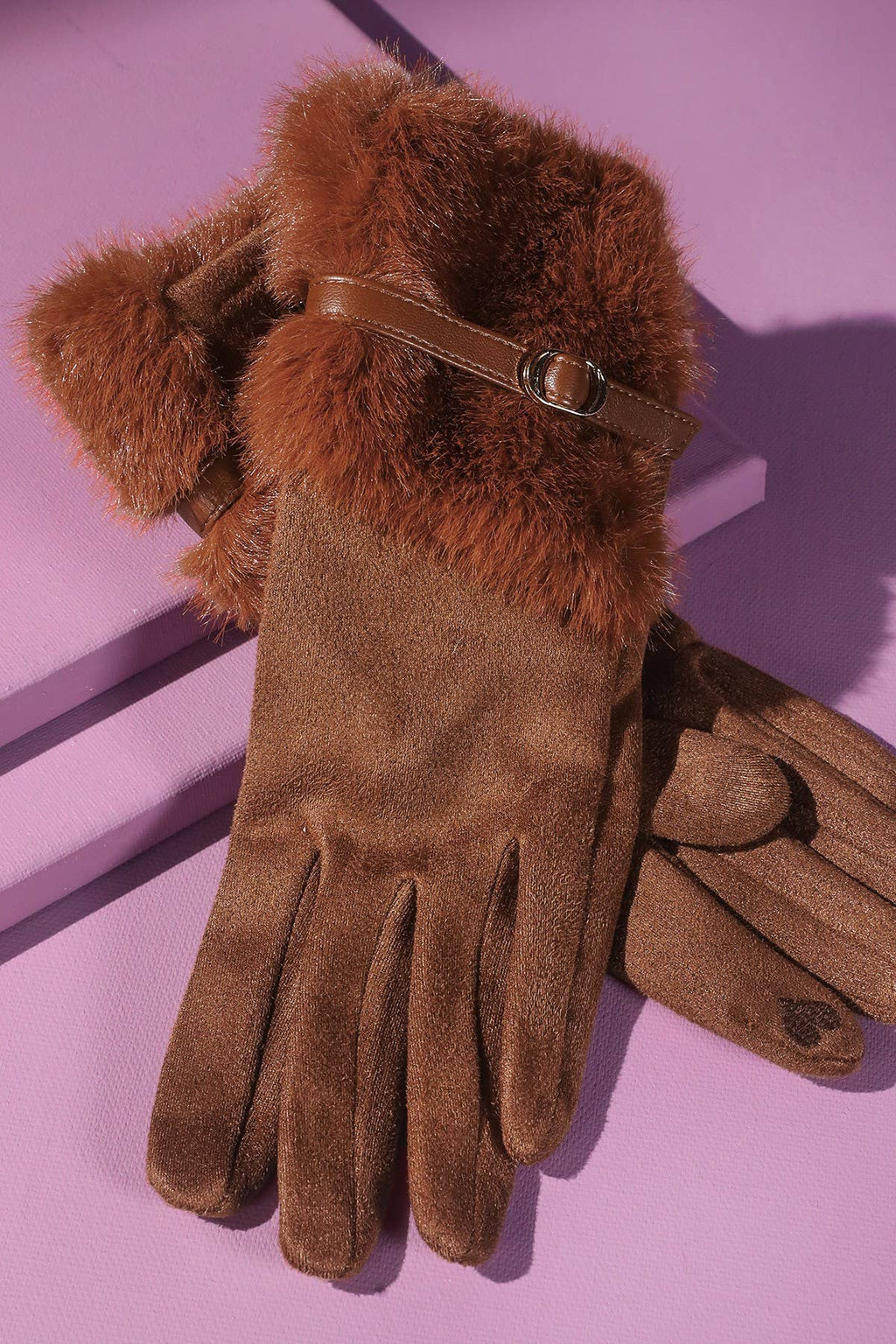 Faux Fur Smart Touch Gloves with Strap Cuff