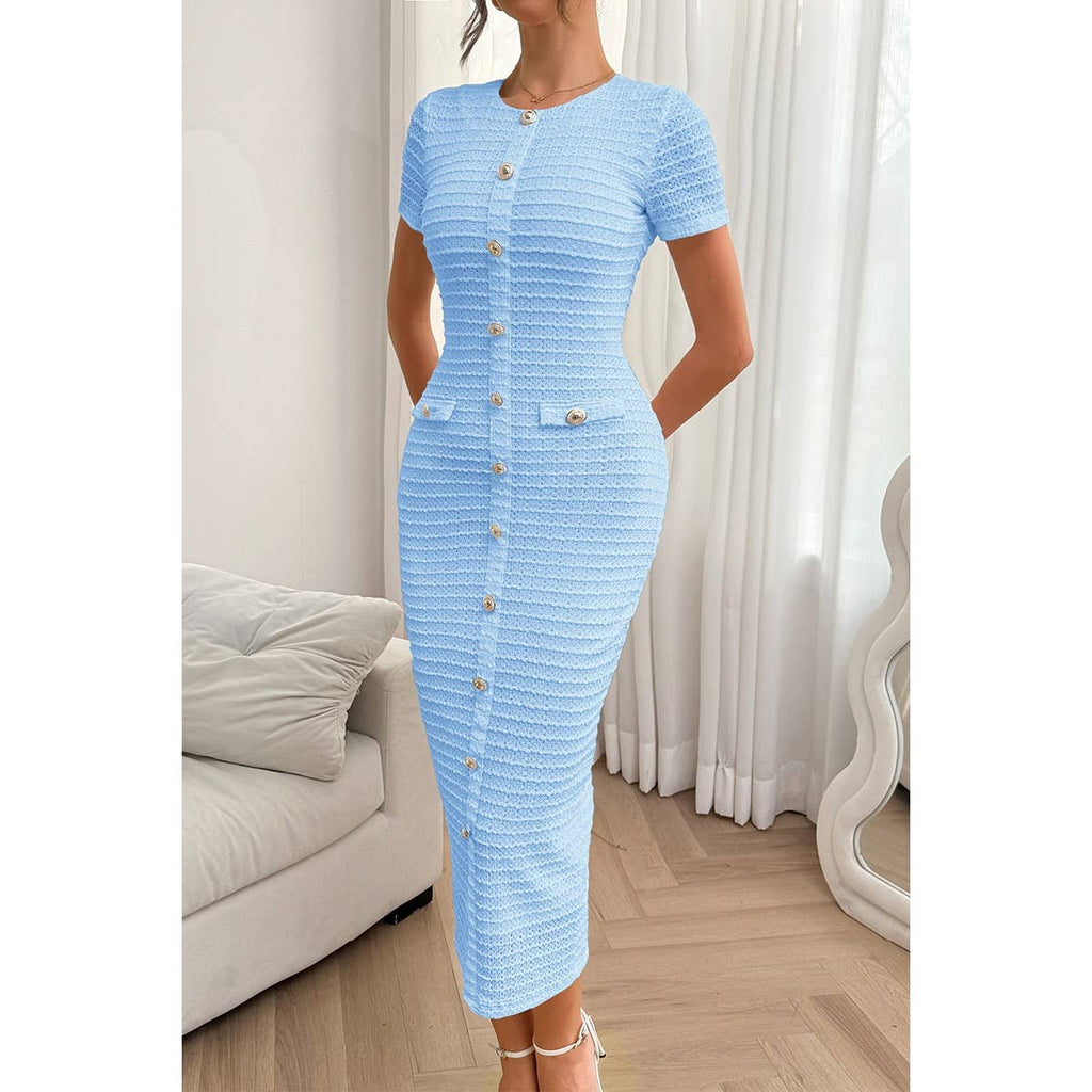 Solid Buckle Design Zipper Split Short Sleeve Dress