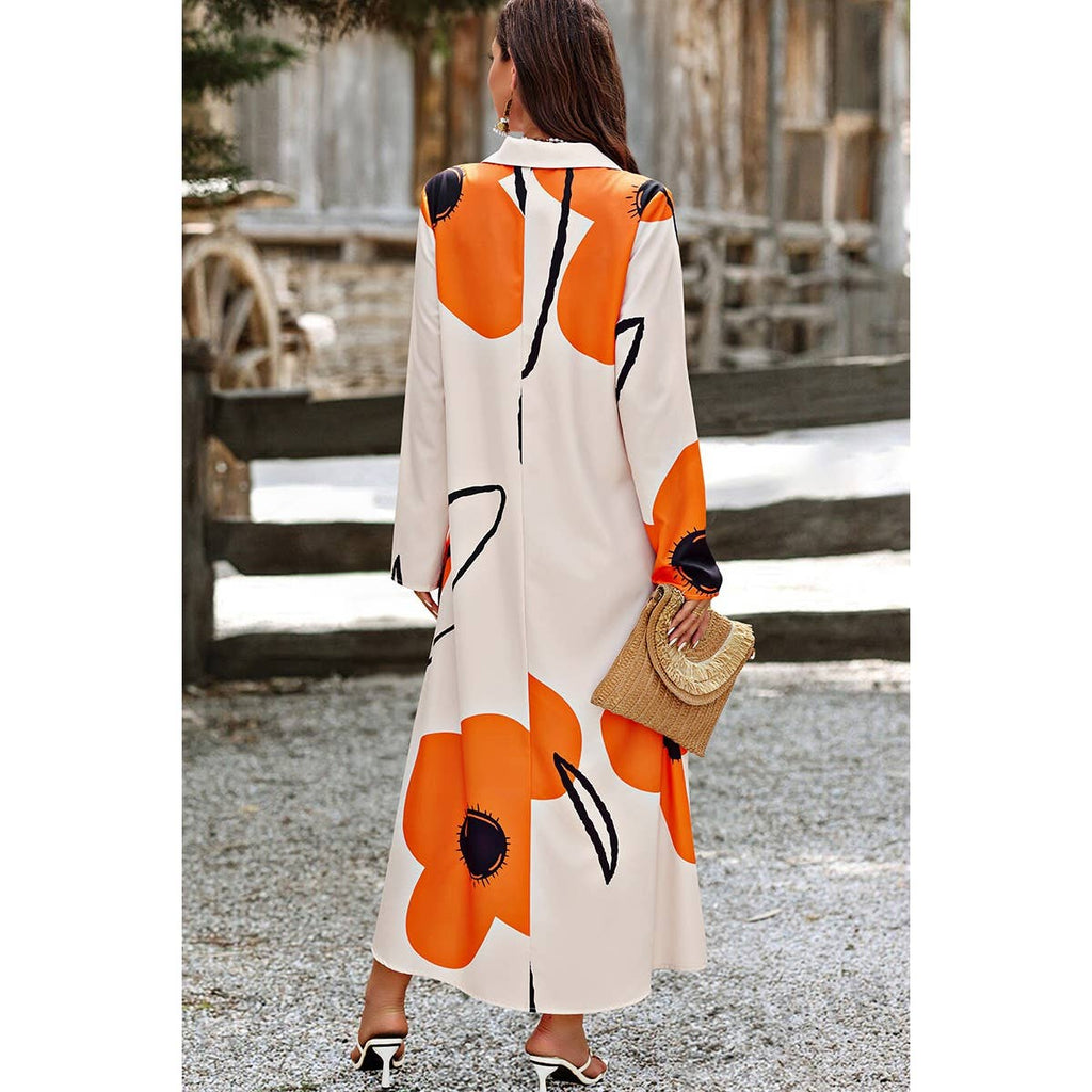 A Line Button Down Floral Print Loose Fit Dress