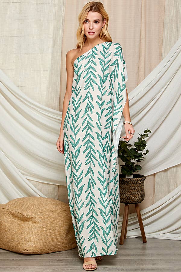 One Shoulder Leaf Print Maxi Dress. LF-5146IMD