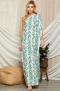 One Shoulder Leaf Print Maxi Dress. LF-5146IMD