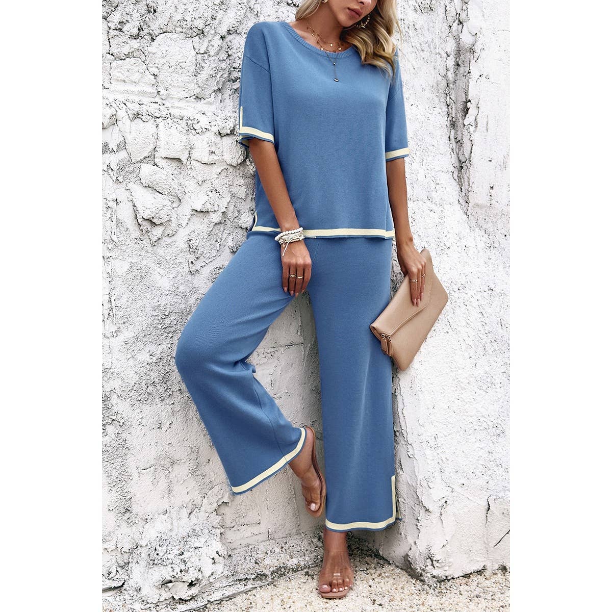 Two Pieces Outfits Knit Short Sleeve Wide Leg Lounge Sets