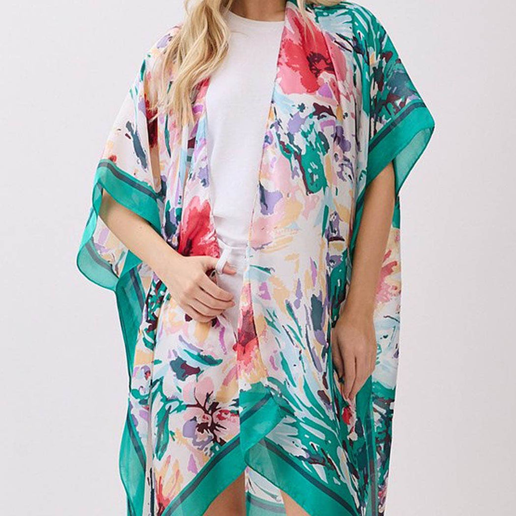 Abstract Floral Print Silky Feel Kimono